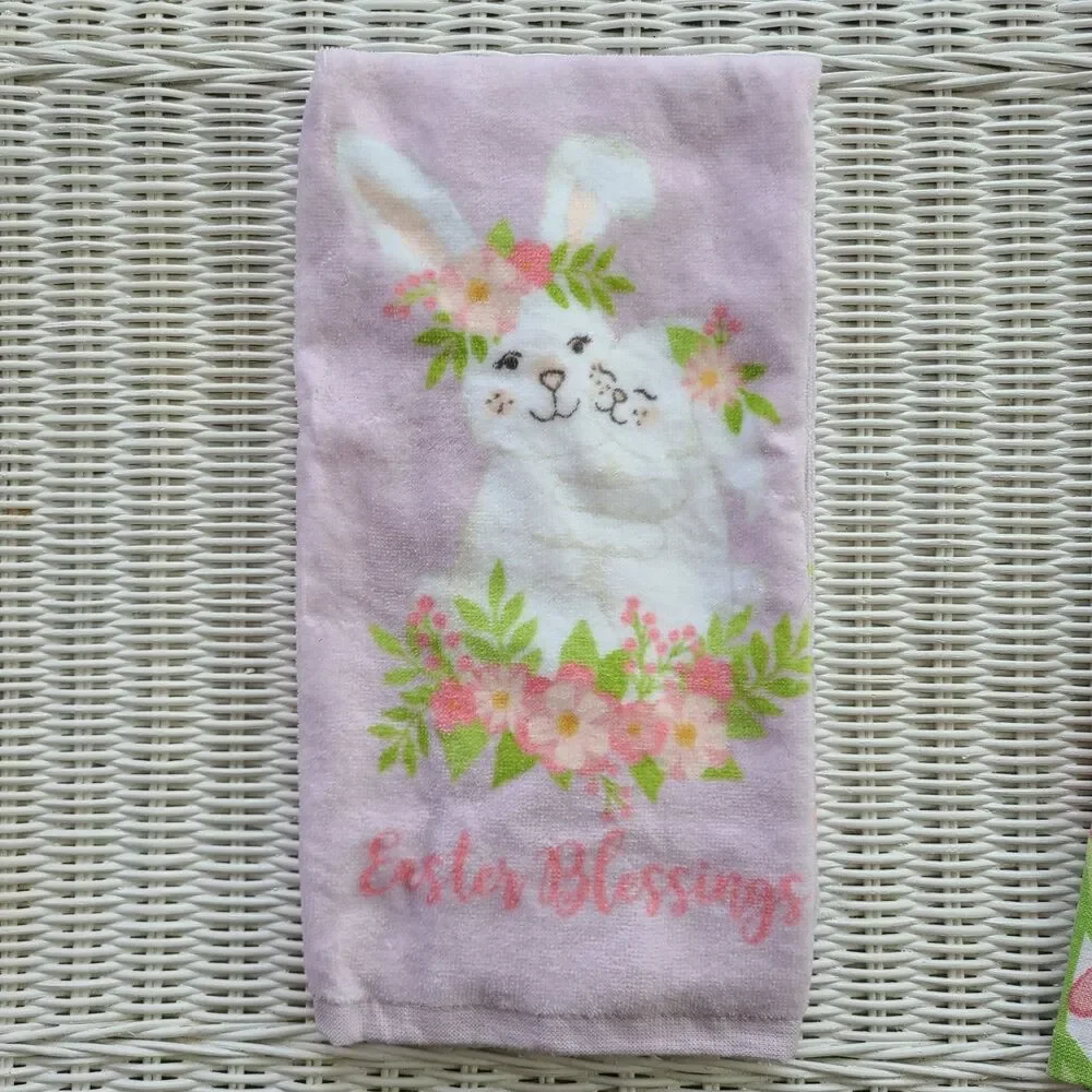 Set of Five Easter Bunny and Spring Floral Terrycloth Kitchen Towels 100% Cotton